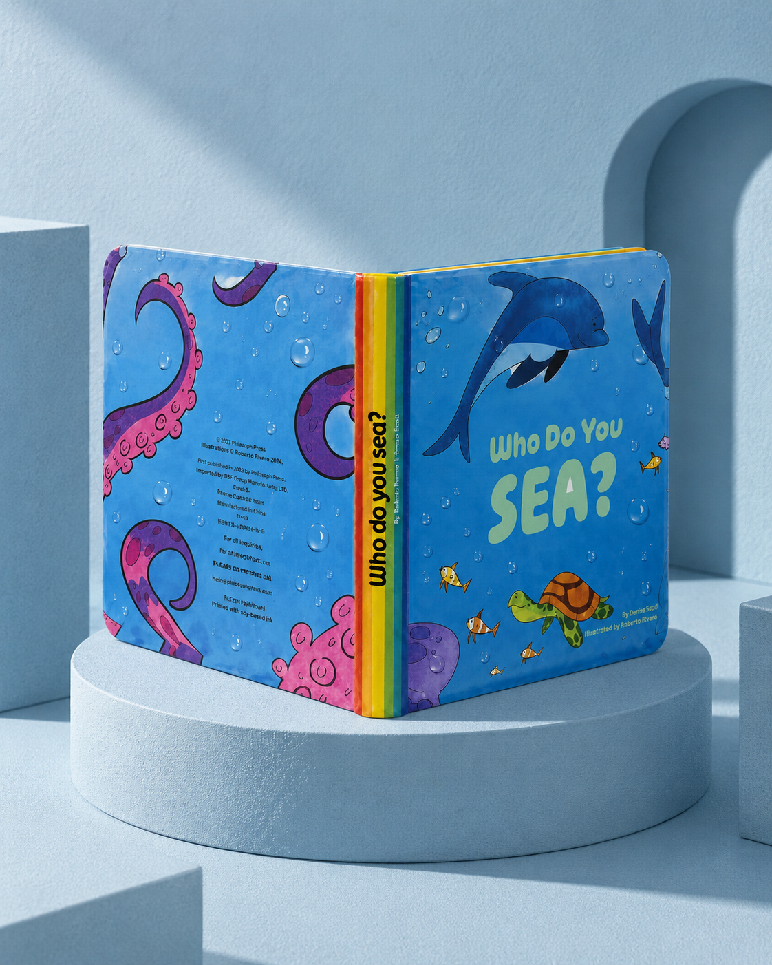 Who Do You SEA? standing open, rainbow page edges